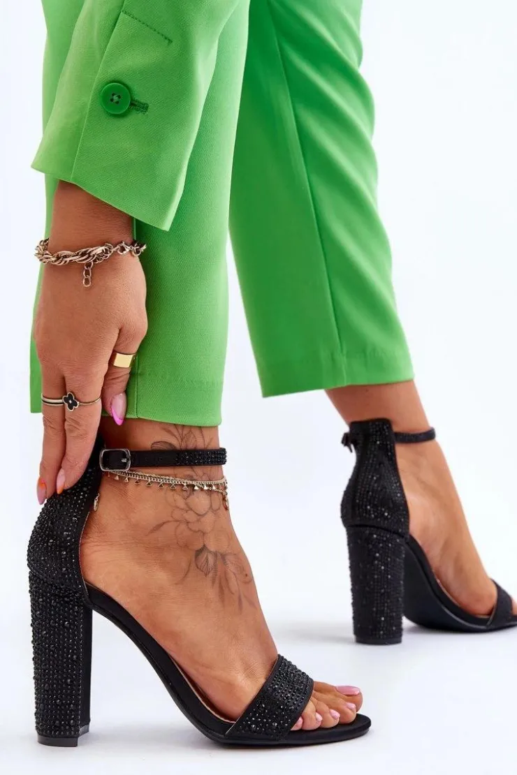 Outlet Boto Damskie Sandały Na Obcasie Z Cyrkoniami Czarne Idealistic