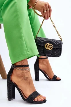 Outlet Boto Damskie Sandały Na Obcasie Z Cyrkoniami Czarne Idealistic