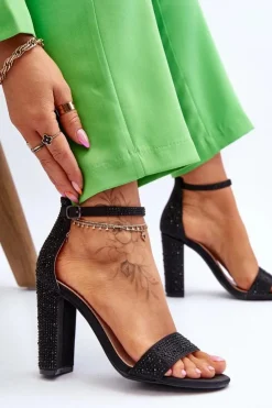 Outlet Boto Damskie Sandały Na Obcasie Z Cyrkoniami Czarne Idealistic