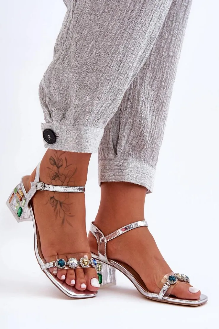 New Damskie buty S.Barski Damskie Sandały Na Obcasie Z Kryształkami Srebrne S.Barski MR1037-01