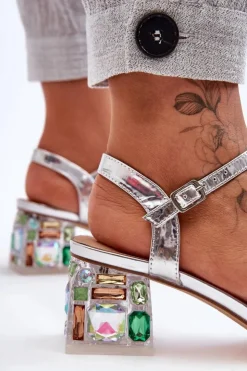 New Damskie buty S.Barski Damskie Sandały Na Obcasie Z Kryształkami Srebrne S.Barski MR1037-01
