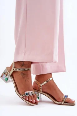 Damskie buty S.Barski Sandały Na Obcasie*Damskie Sandały Na Obcasie Z Kryształkami Złote S.Barski MR1037-01