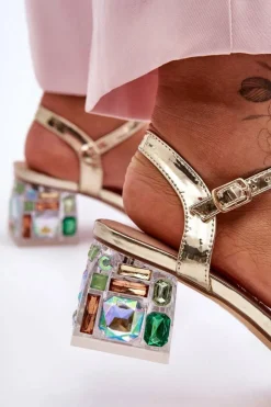 Damskie buty S.Barski Sandały Na Obcasie*Damskie Sandały Na Obcasie Z Kryształkami Złote S.Barski MR1037-01