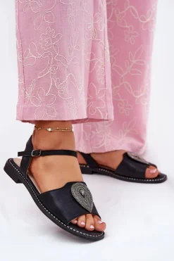 Damskie Damskie buty S.Barski Damskie Sandały Na Płaskim Obcasie Z Ozdobą S.Barski KV51-098 Czarne