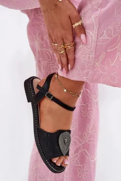 Damskie Damskie buty S.Barski Damskie Sandały Na Płaskim Obcasie Z Ozdobą S.Barski KV51-098 Czarne