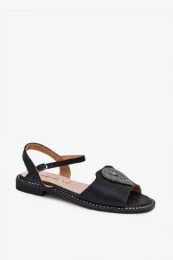 Damskie Damskie buty S.Barski Damskie Sandały Na Płaskim Obcasie Z Ozdobą S.Barski KV51-098 Czarne