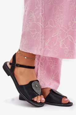 Damskie Damskie buty S.Barski Damskie Sandały Na Płaskim Obcasie Z Ozdobą S.Barski KV51-098 Czarne
