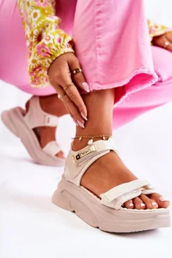 Evento Sandały Płaskie*Damskie Sandały Na Platformie Beżowe Terrina
