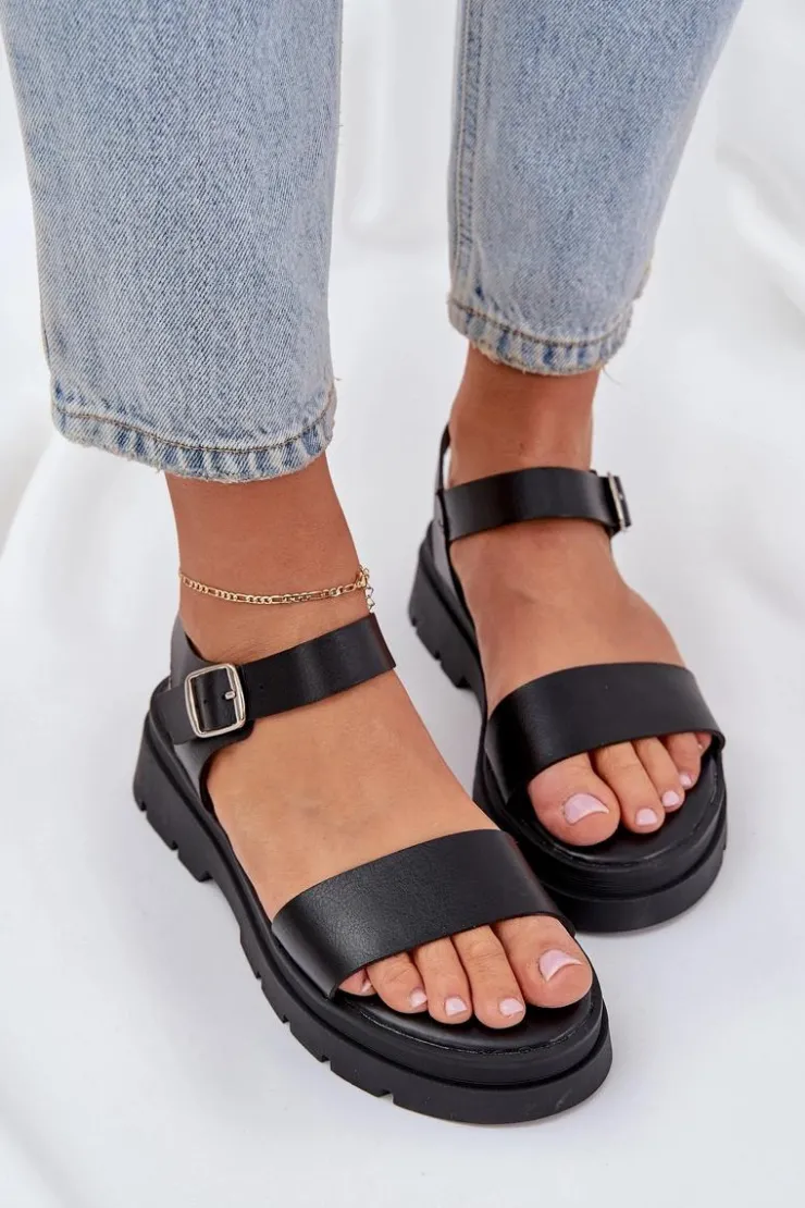 Boto Sandały Płaskie*Damskie Sandały Na Platformie Czarne Evaretha Czarny