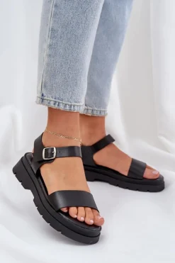 Boto Sandały Płaskie*Damskie Sandały Na Platformie Czarne Evaretha Czarny