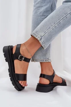 Boto Sandały Płaskie*Damskie Sandały Na Platformie Czarne Evaretha Czarny