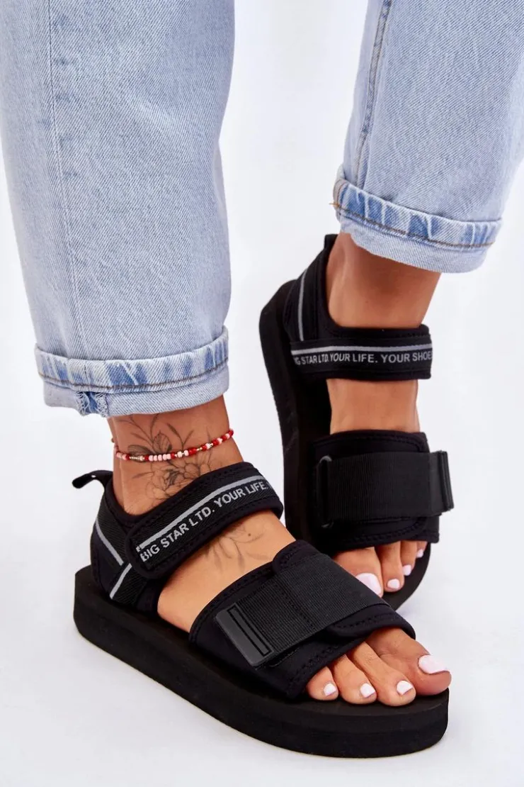Big Star Shoes Sandały Big Star|Sandały Płaskie*Damskie Sandały Na Rzepy Big Star LL274784 Czarne Czarny