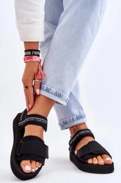 Big Star Shoes Sandały Big Star|Sandały Płaskie*Damskie Sandały Na Rzepy Big Star LL274784 Czarne Czarny