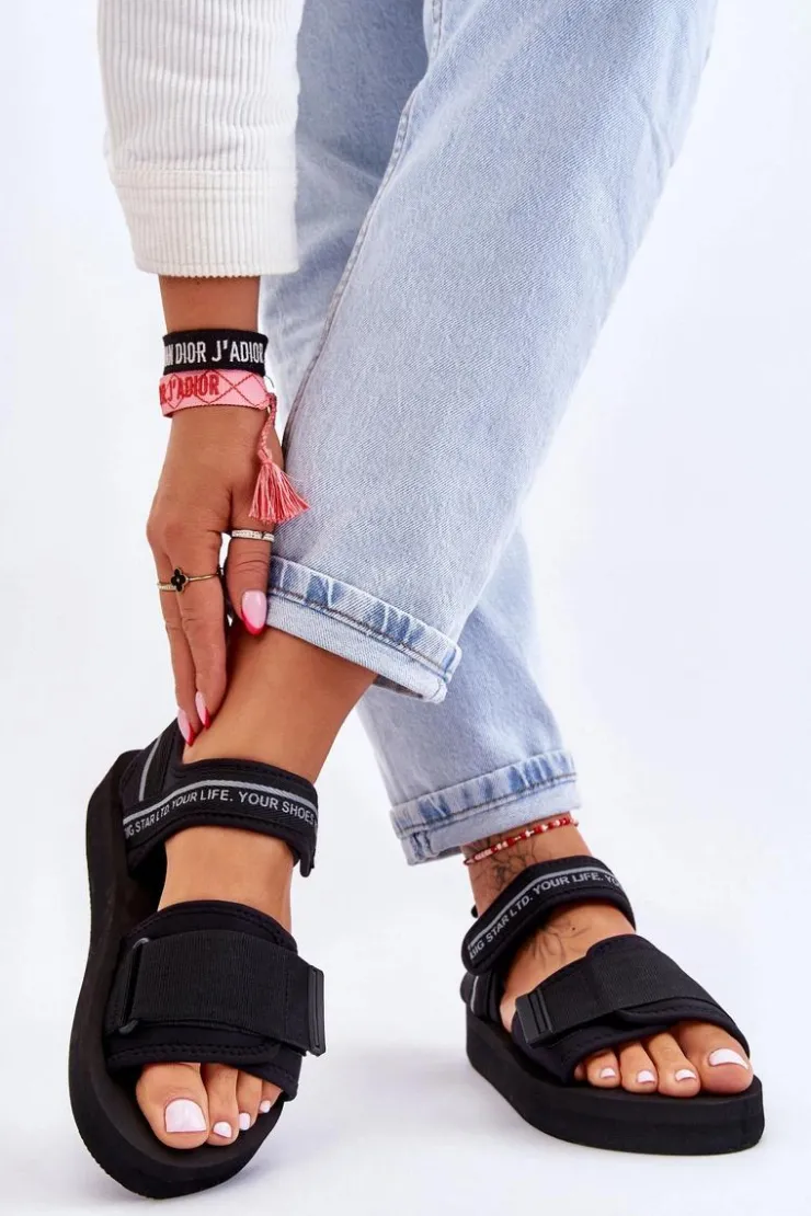 Big Star Shoes Sandały Big Star|Sandały Płaskie*Damskie Sandały Na Rzepy Big Star LL274784 Czarne Czarny