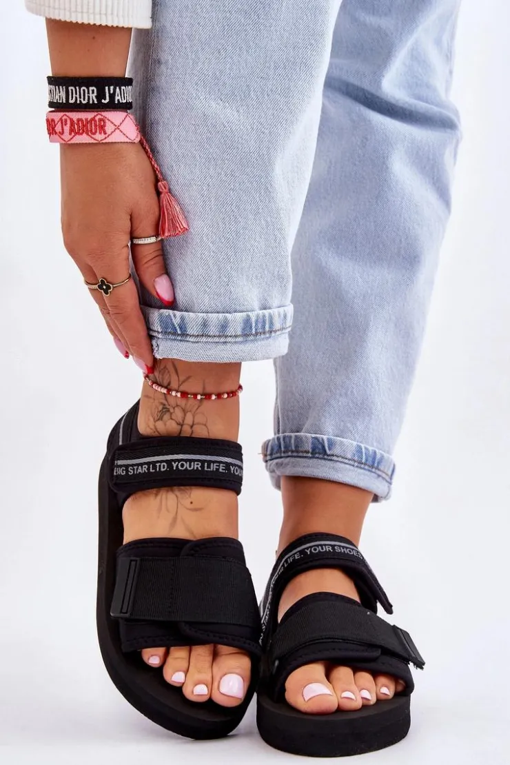 Big Star Shoes Sandały Big Star|Sandały Płaskie*Damskie Sandały Na Rzepy Big Star LL274784 Czarne Czarny