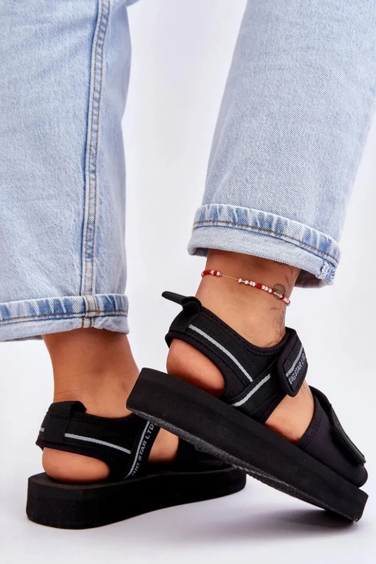 Big Star Shoes Sandały Big Star|Sandały Płaskie*Damskie Sandały Na Rzepy Big Star LL274784 Czarne Czarny