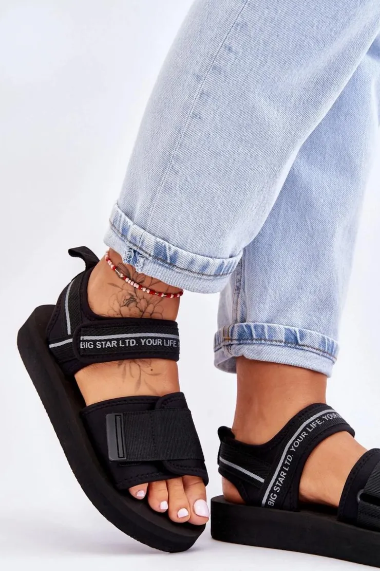 Big Star Shoes Sandały Big Star|Sandały Płaskie*Damskie Sandały Na Rzepy Big Star LL274784 Czarne Czarny