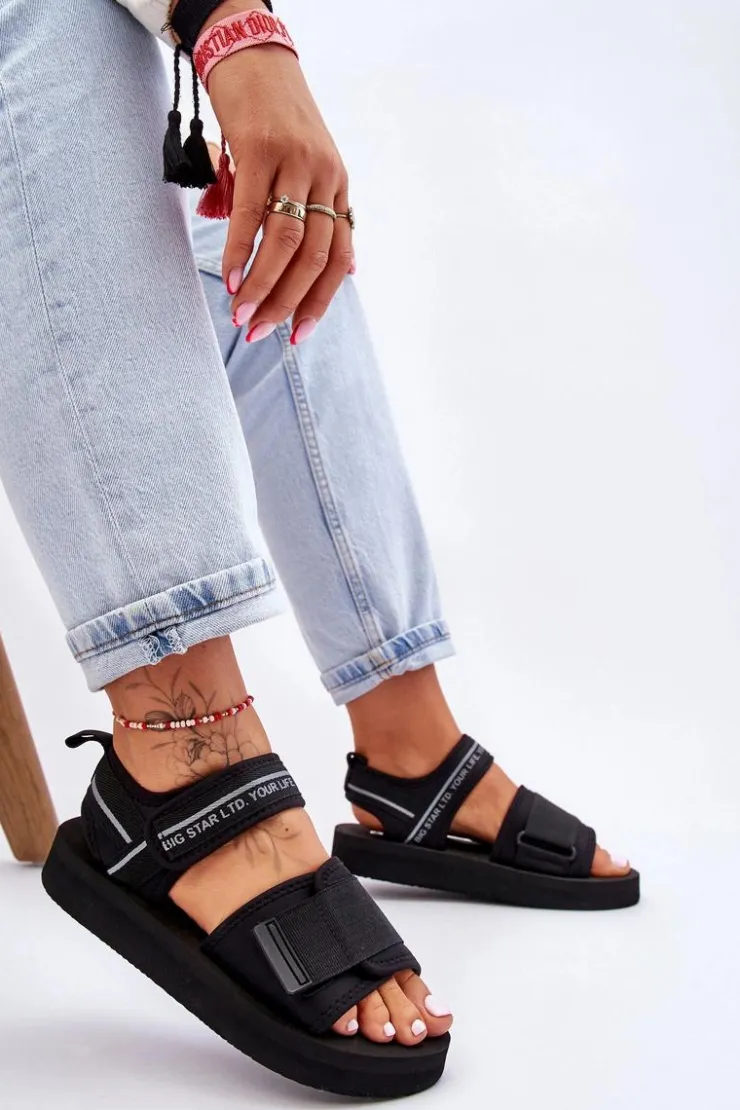 Big Star Shoes Sandały Big Star|Sandały Płaskie*Damskie Sandały Na Rzepy Big Star LL274784 Czarne Czarny