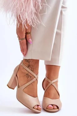 Sale Buty Sergio Leone Damskie Sandały Na Słupku Sergio Leone SK864 Ciemnobeżowe