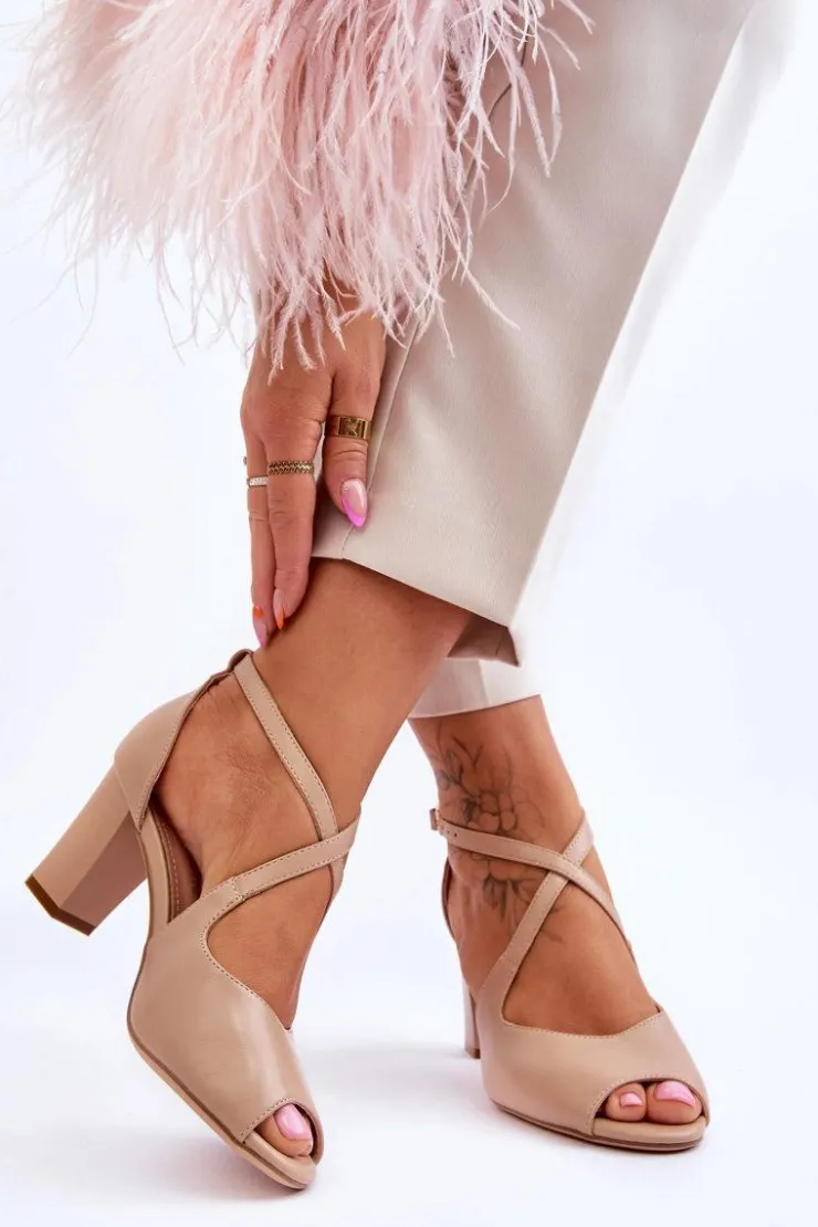 Sale Buty Sergio Leone Damskie Sandały Na Słupku Sergio Leone SK864 Ciemnobeżowe