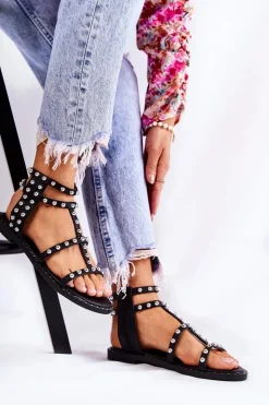 Boto Sandały Płaskie*Damskie Sandały Na Suwak Z Ćwiekami Czarne Cavos