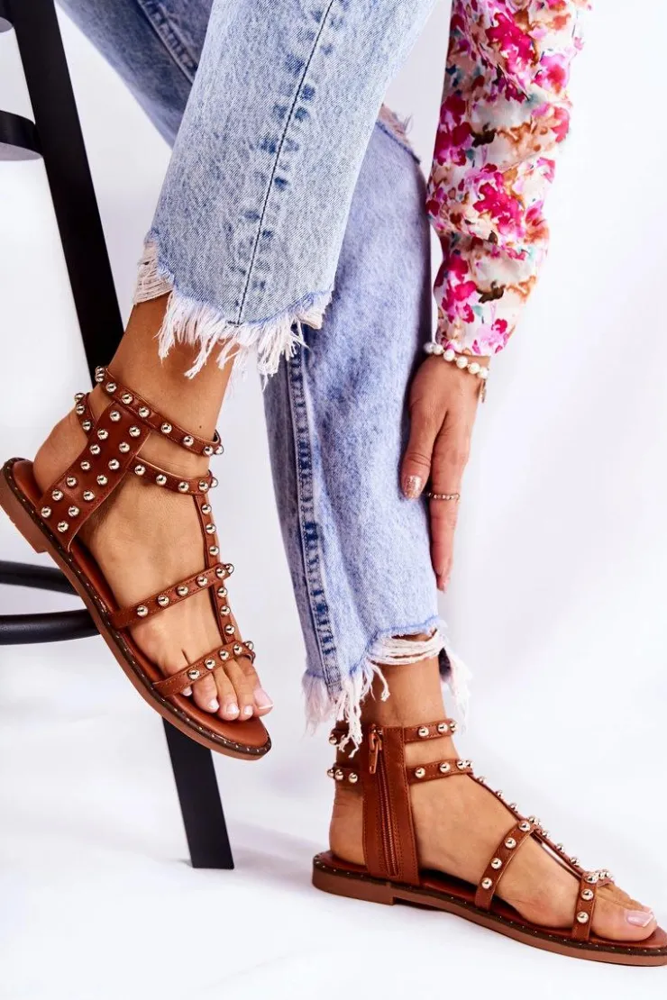 Discount Boto Damskie Sandały Na Suwak Z Ćwiekami Brązowe Cavos