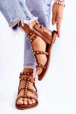 Discount Boto Damskie Sandały Na Suwak Z Ćwiekami Brązowe Cavos