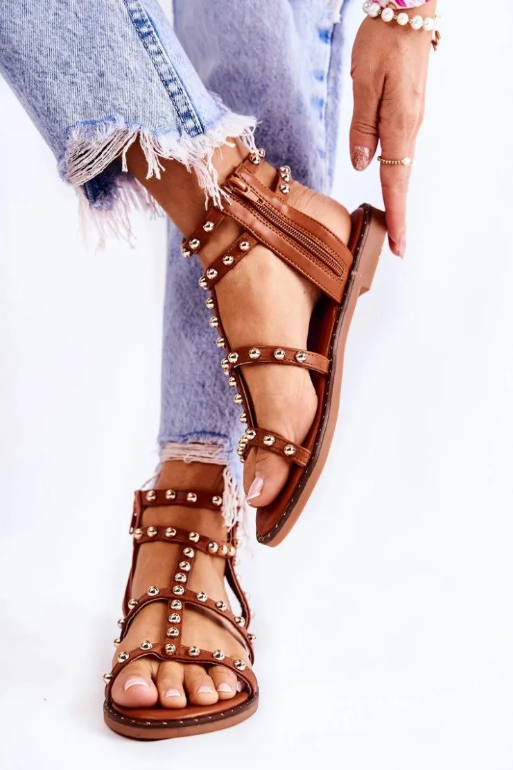 Discount Boto Damskie Sandały Na Suwak Z Ćwiekami Brązowe Cavos