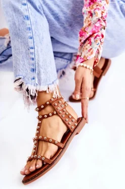 Discount Boto Damskie Sandały Na Suwak Z Ćwiekami Brązowe Cavos