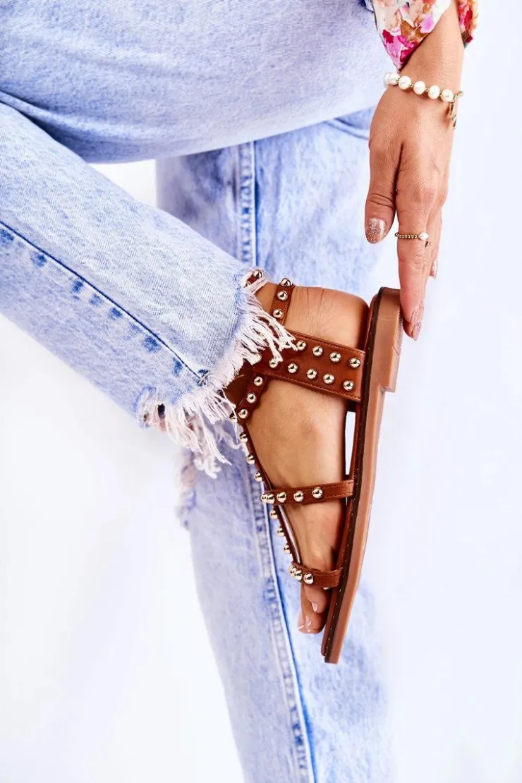 Discount Boto Damskie Sandały Na Suwak Z Ćwiekami Brązowe Cavos