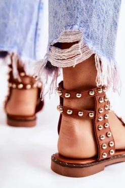 Discount Boto Damskie Sandały Na Suwak Z Ćwiekami Brązowe Cavos