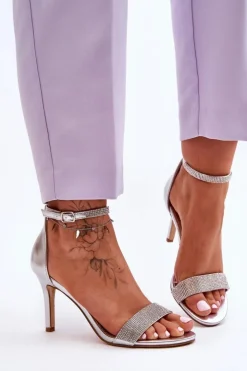 Boto Sandały Na Obcasie*Damskie Sandały Na Szpilce Z Dżetami Srebrne Perfecto