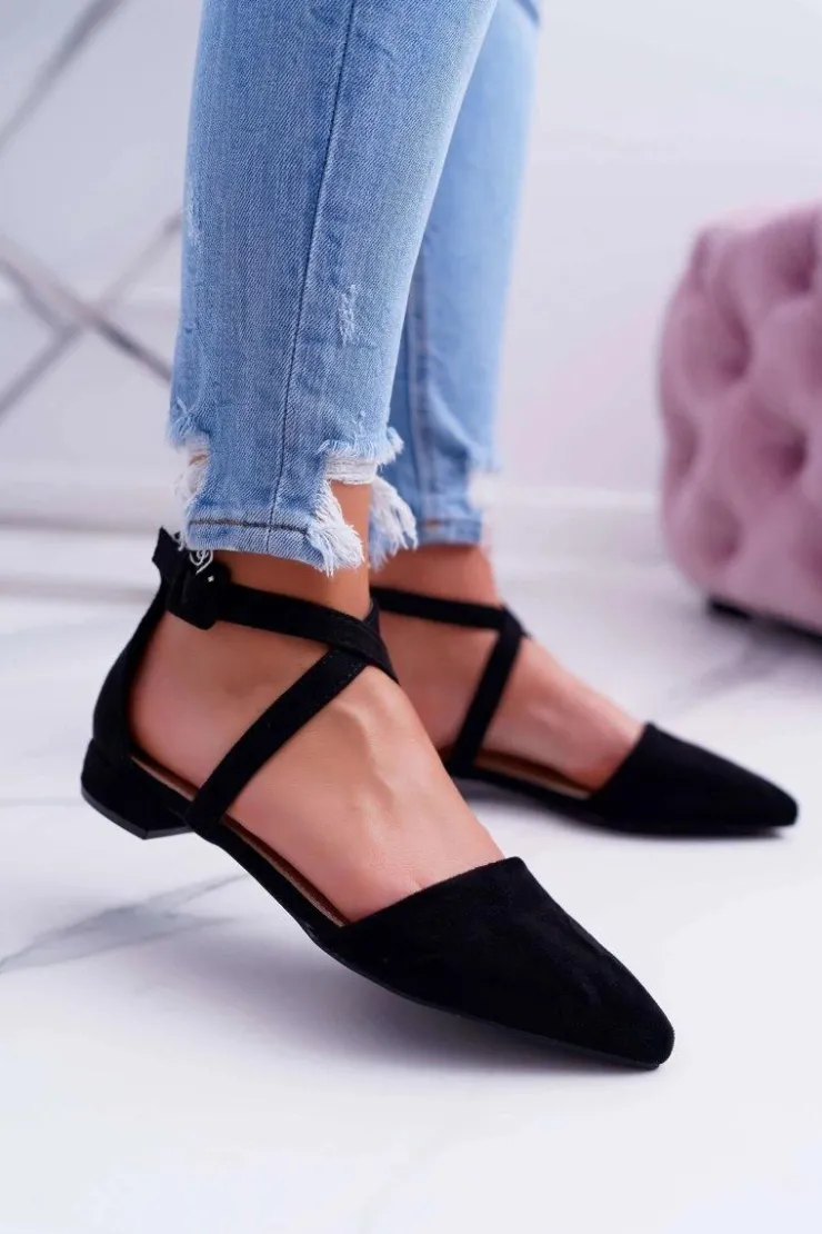 Boto Baleriny Klasyczne*Damskie Sandały Płaskie Czarne Zamszowe W Szpic Medena