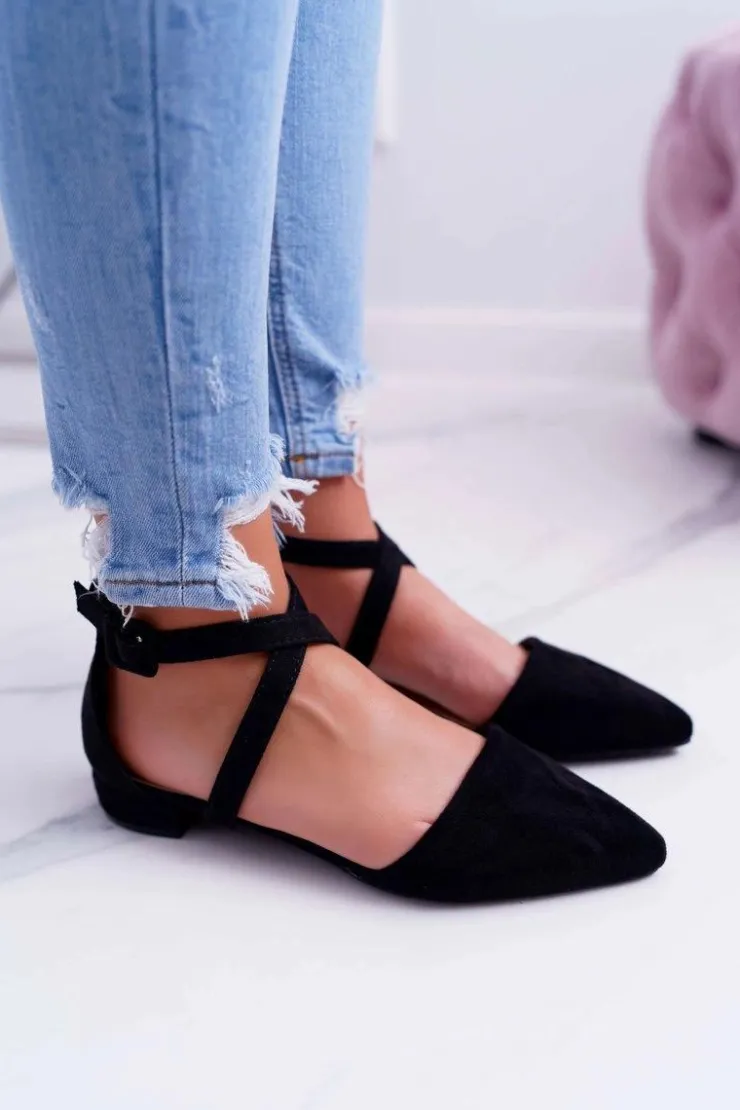 Boto Baleriny Klasyczne*Damskie Sandały Płaskie Czarne Zamszowe W Szpic Medena