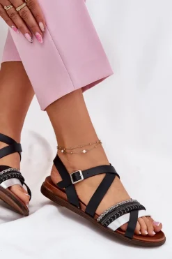 Buty Sergio Leone Sandały Płaskie*Damskie Sandały Płaskie Z Paskami Sergio Leone SK087H Czarne