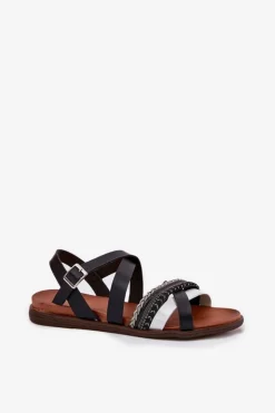 Buty Sergio Leone Sandały Płaskie*Damskie Sandały Płaskie Z Paskami Sergio Leone SK087H Czarne