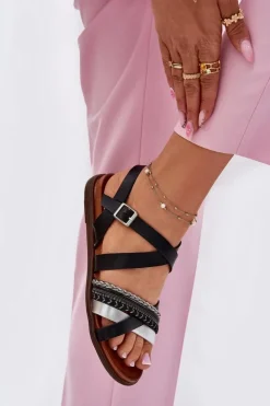 Buty Sergio Leone Sandały Płaskie*Damskie Sandały Płaskie Z Paskami Sergio Leone SK087H Czarne