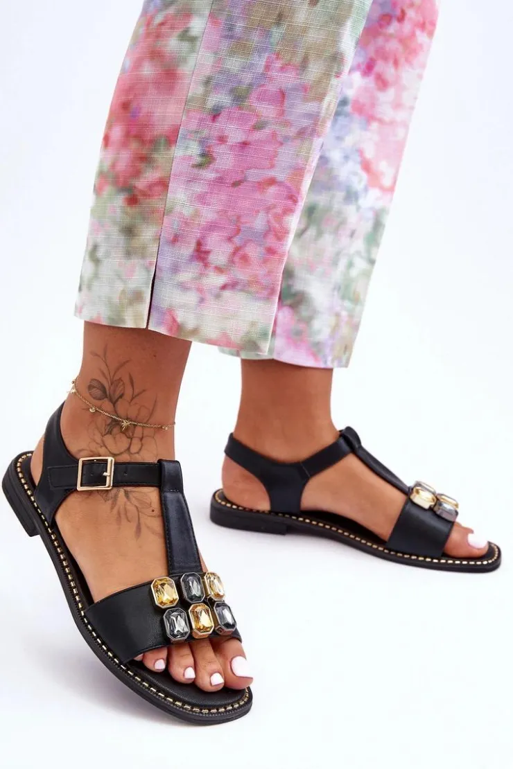 Damskie buty S.Barski Sandały Płaskie*Damskie Sandały S.Barski Z Kamieniami KV-2775-30 Czarne
