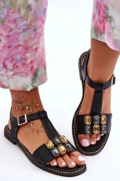 Damskie buty S.Barski Sandały Płaskie*Damskie Sandały S.Barski Z Kamieniami KV-2775-30 Czarne