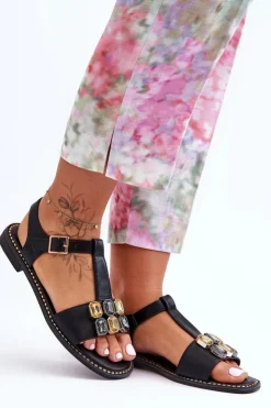 Damskie buty S.Barski Sandały Płaskie*Damskie Sandały S.Barski Z Kamieniami KV-2775-30 Czarne