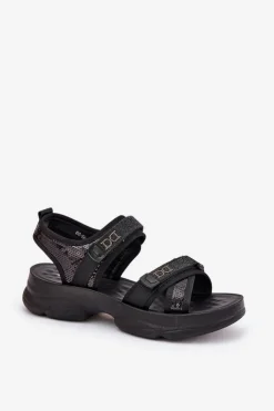 Boto Damskie Sandały Z Cekinami Na Rzepy Czarne Gonev