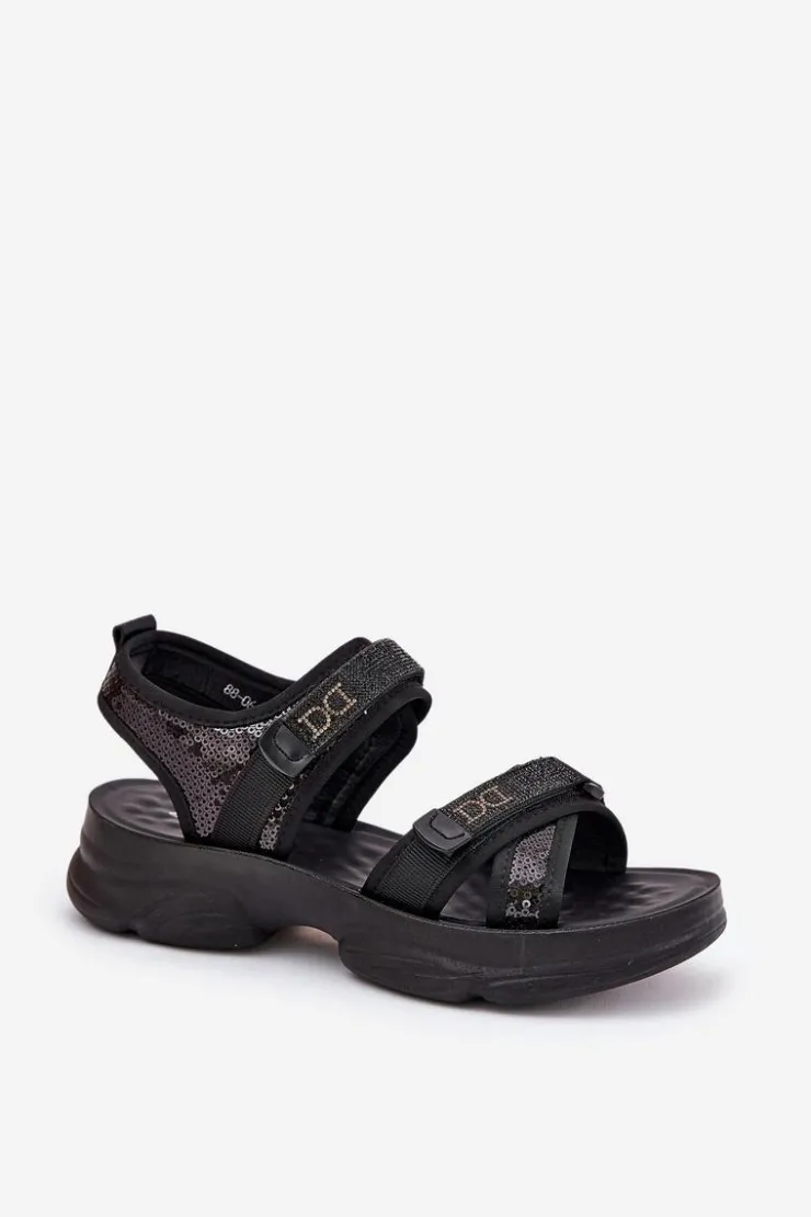 Boto Damskie Sandały Z Cekinami Na Rzepy Czarne Gonev