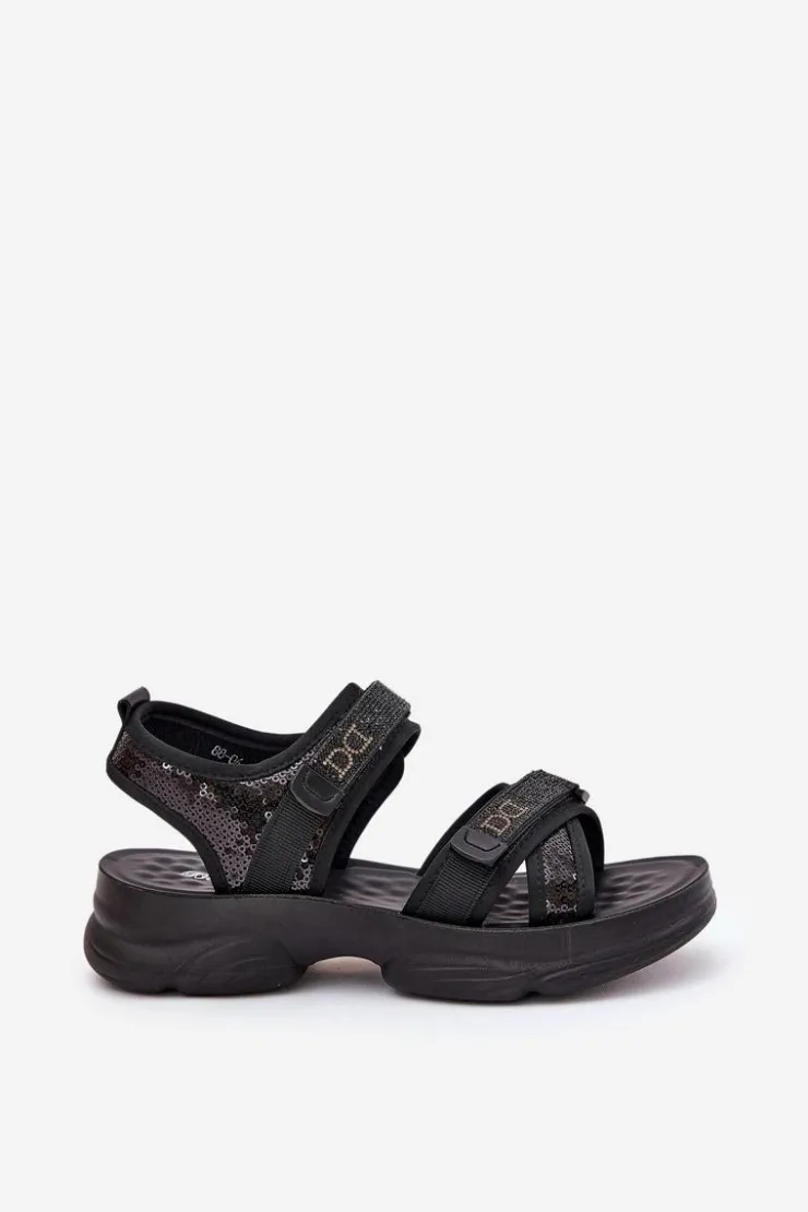 Boto Damskie Sandały Z Cekinami Na Rzepy Czarne Gonev