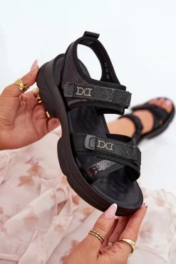 Boto Damskie Sandały Z Cekinami Na Rzepy Czarne Gonev