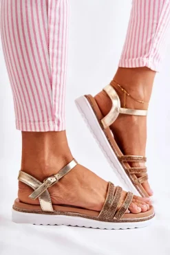 Boto Sandały Płaskie*Damskie Sandały Z Cyrkoniami Złote Sorrita