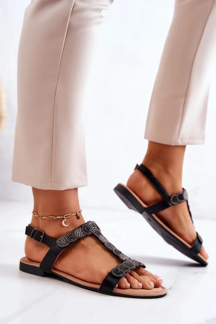 Damskie buty S.Barski Sandały Płaskie*Damskie Sandały Z Dżetami Czarne Julies Czarny