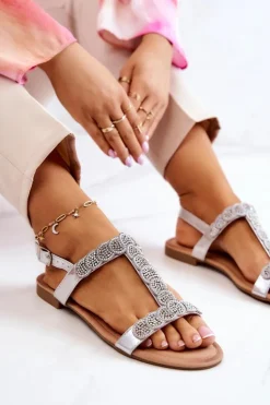 Damskie buty S.Barski Sandały Płaskie*Damskie Sandały Z Dżetami Srebrne Julies