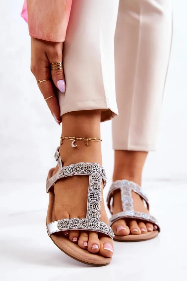 Damskie buty S.Barski Sandały Płaskie*Damskie Sandały Z Dżetami Srebrne Julies