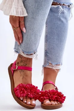 Boto Sandały Płaskie*Damskie Sandały Z Materiałowymi Kwiatami Fuksja Fiori