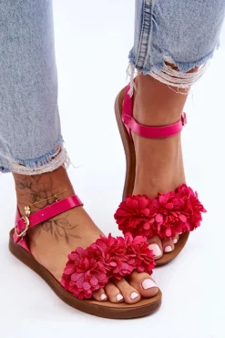 Boto Sandały Płaskie*Damskie Sandały Z Materiałowymi Kwiatami Fuksja Fiori